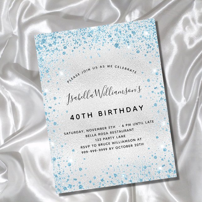 Birthday silver blue glitter sparkle glamorous invitation postcard (Creator Uploaded)