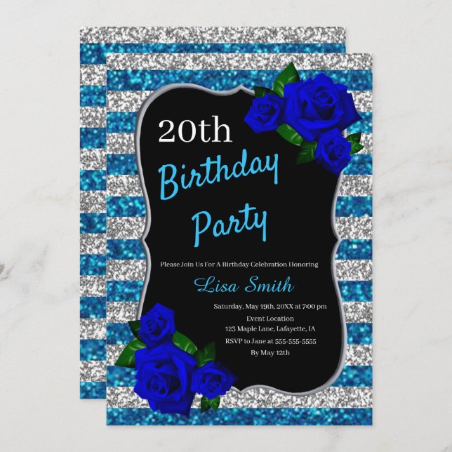 Birthday Silver Blue Stripe Glitter Deep Blue Rose Invitation (Front/Back)