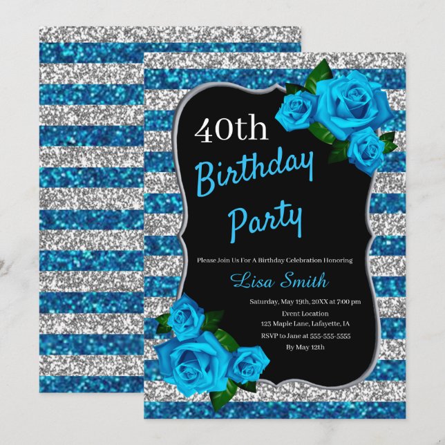 Birthday Silver Blue Stripes Glitter Blue Roses Invitation (Front/Back)