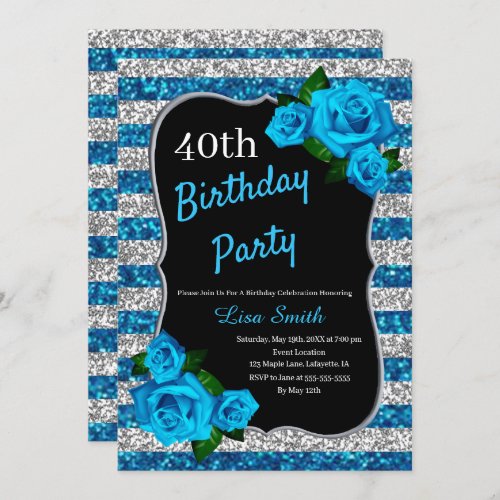 Birthday Silver Blue Stripes Glitter Blue Roses Invitation