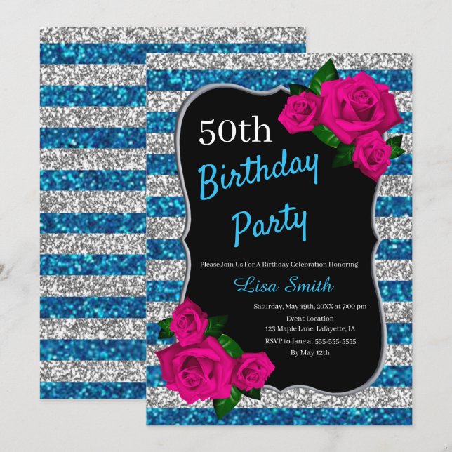 Birthday Silver Blue Stripes Glitter Pink Roses Invitation (Front/Back)