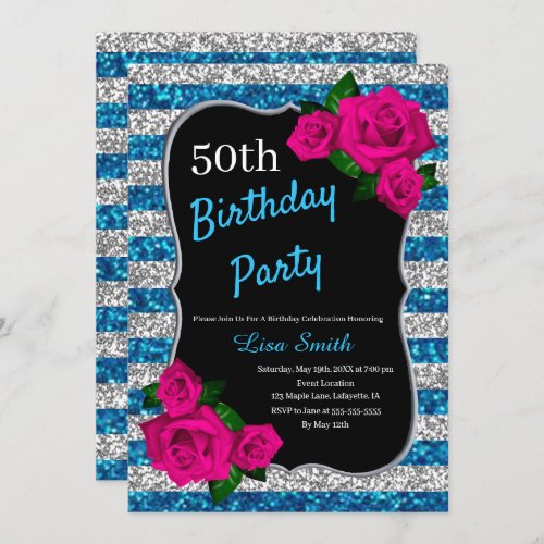 Birthday Silver Blue Stripes Glitter Pink Roses Invitation