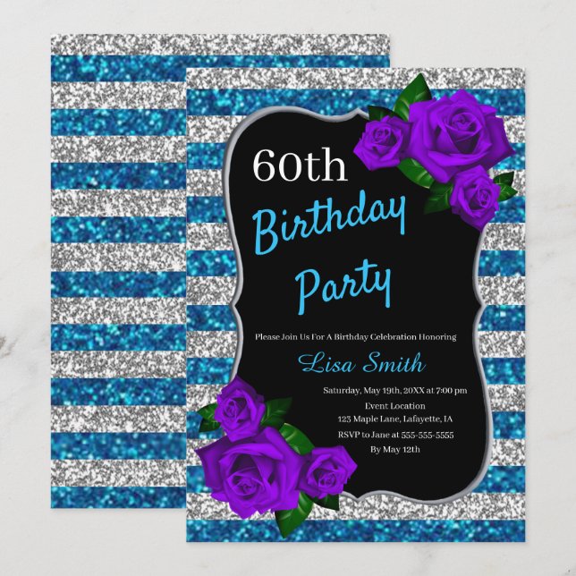 Birthday Silver Blue Stripes Glitter Purple Roses Invitation (Front/Back)