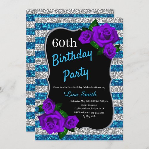 Birthday Silver Blue Stripes Glitter Purple Roses Invitation