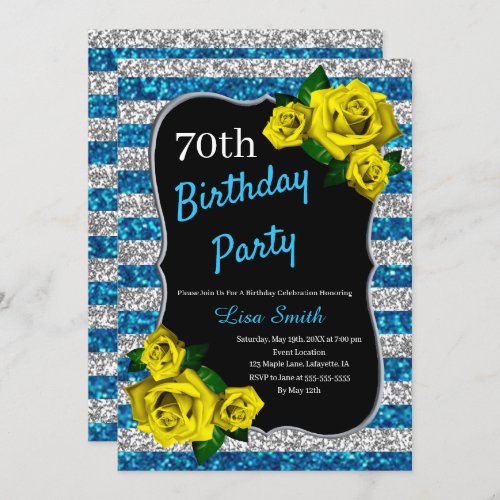 Birthday Silver Blue Stripes Glitter Yellow Roses Invitation