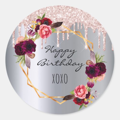 Birthday silver blush flitter drips floral classic round sticker