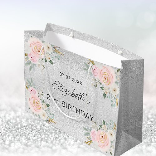 Birthday silver blush pink flowers large gift bag