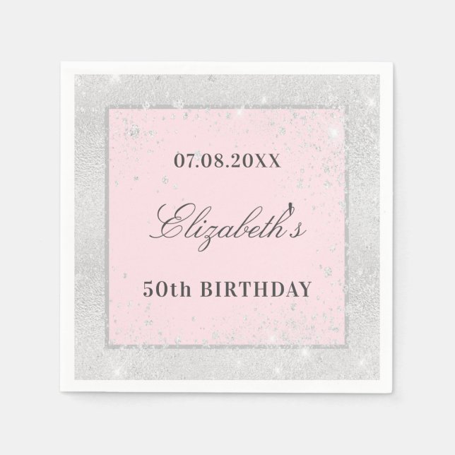 Birthday silver blush pink glitter napkins (Front)