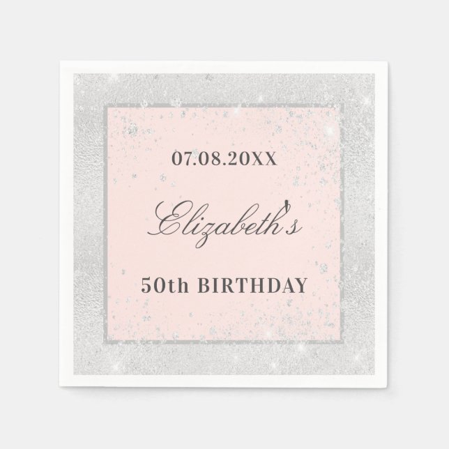 Birthday silver blush rose gold glitter dust napkins (Front)