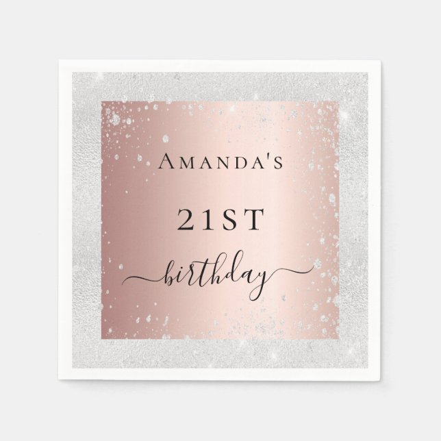 Birthday silver blush rose gold glitter dust napkins (Front)