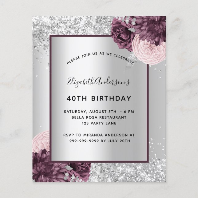 Birthday silver burgundy floral budget invitation flyer (Front)