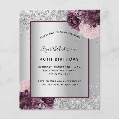 Birthday silver burgundy floral budget invitation flyer