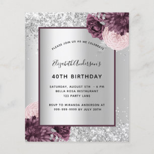 Birthday silver burgundy floral budget invitation flyer