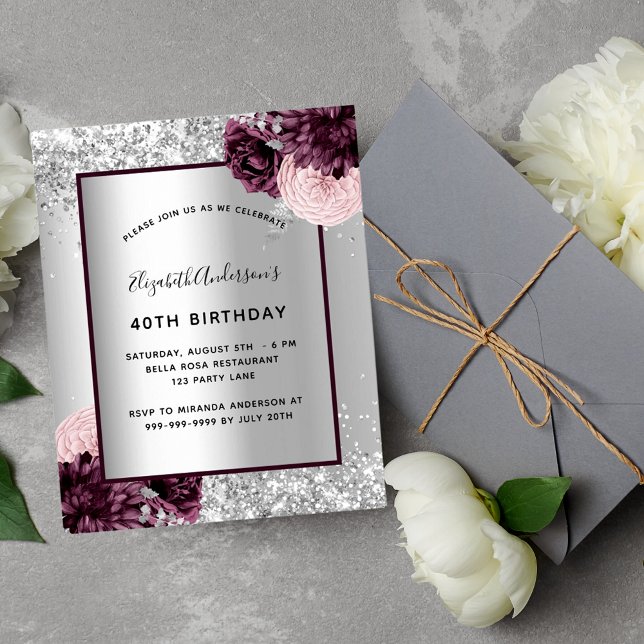 Birthday silver burgundy floral invitation (Creator Uploaded)