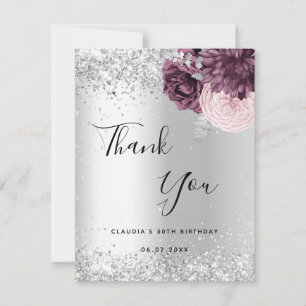 Birthday silver burgundy pink flowers thank you card