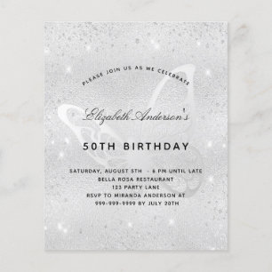 Birthday silver butterfly budget invitation flyer