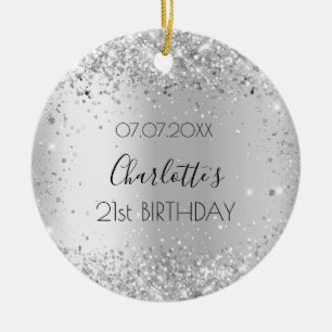 Birthday silver confetti name ceramic ornament