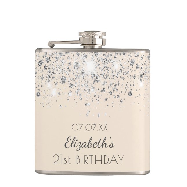 Birthday silver cream glitter friends flask (Front)