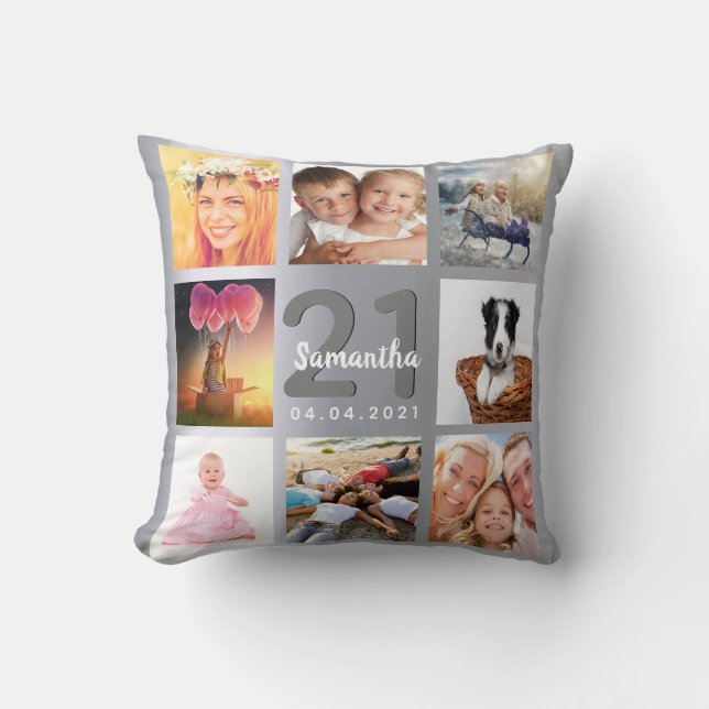 Birthday silver custom photo collage throw pillow (Front)