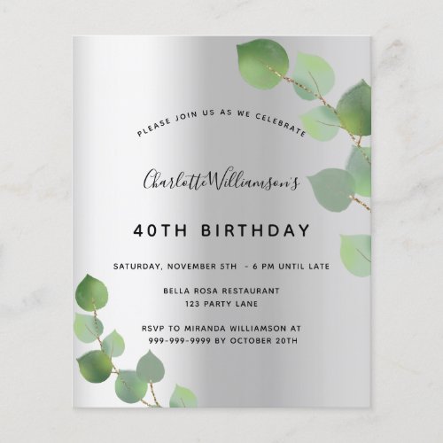 Birthday silver eucalyptus budget invitation flyer