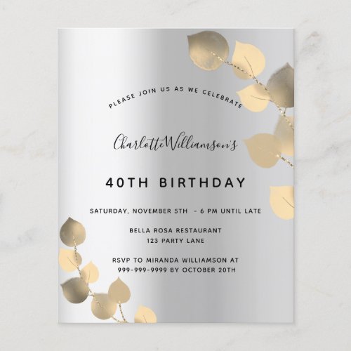 Birthday silver eucalyptus budget invitation flyer