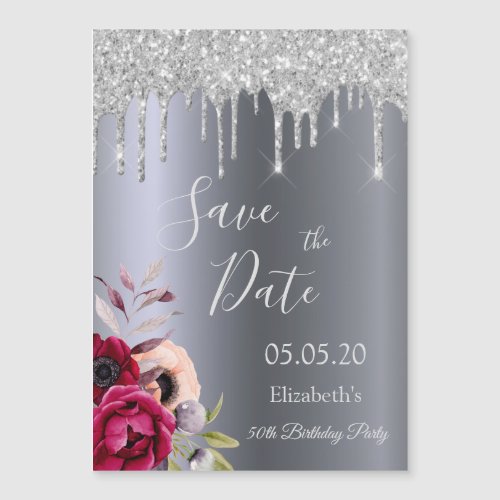 Birthday silver floral Save the Date magnet