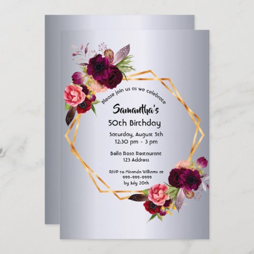 Birthday silver florals geometric burgundy invitation