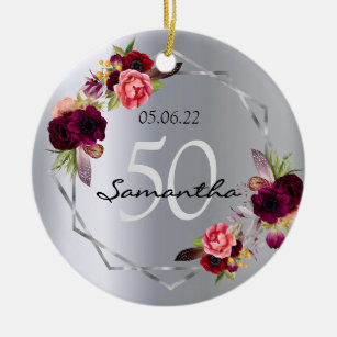 Birthday silver florals geometric monogram ceramic ornament