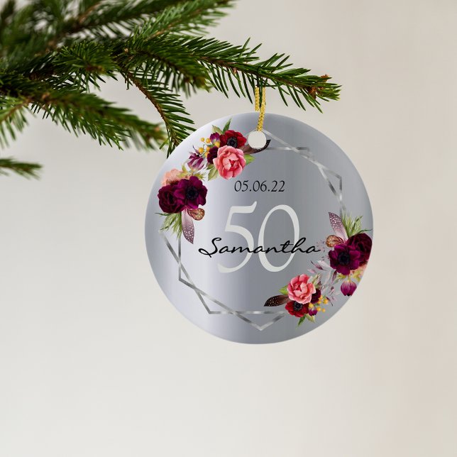 Birthday silver florals geometric monogram ceramic ornament (Creator Uploaded)