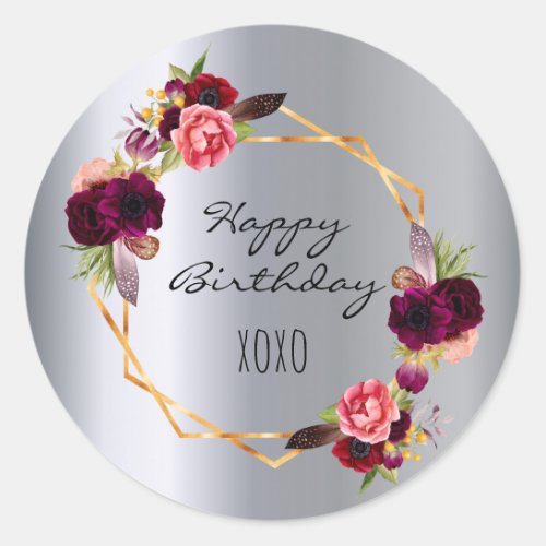 Birthday silver florals gold burgundy classic round sticker