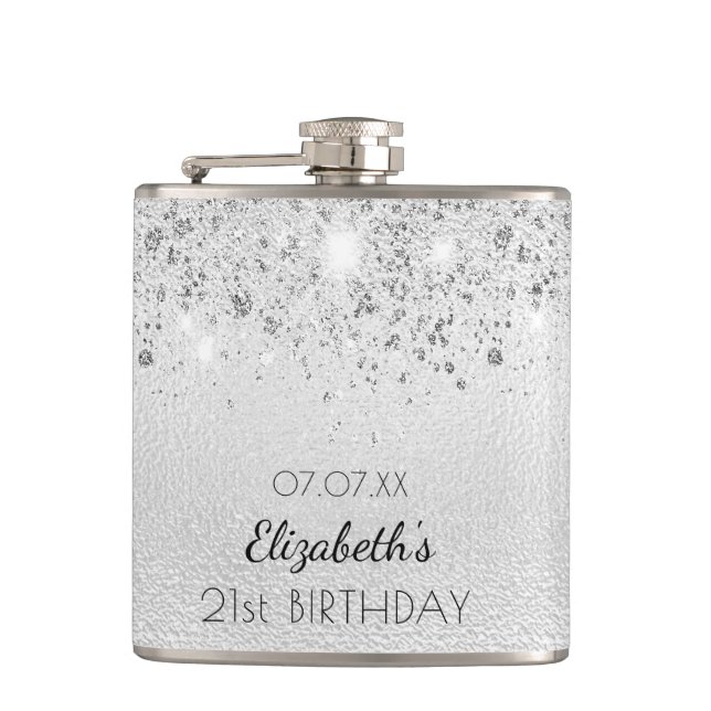 Birthday silver glitter best friends names flask (Front)