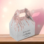 Birthday silver glitter blush pink rose gold name favor boxes<br><div class="desc">Elegant, classic, glamorous and girly for a 21st (or any age) birthday party favors. A faux silver metallic looking background. On the front and the back: Personalize and add a name, age 21 and a date. The name is written with a modern hand lettered style script. Decorated with rose gold...</div>