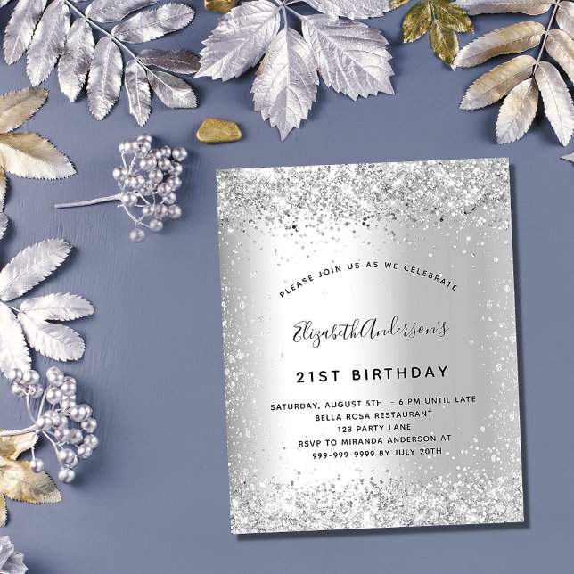 Birthday silver glitter budget party invitation flyer (Creator Uploaded)