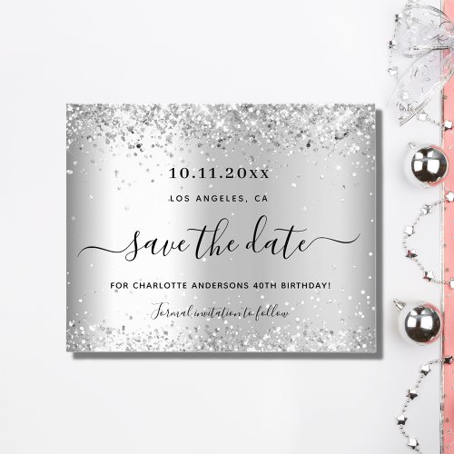 Birthday silver glitter budget save the date flyer