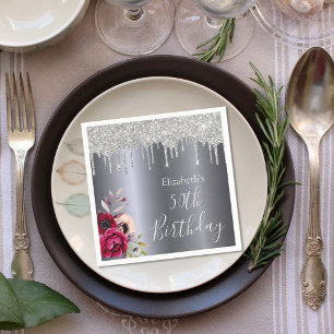Birthday silver glitter drip floral burgundy name napkins