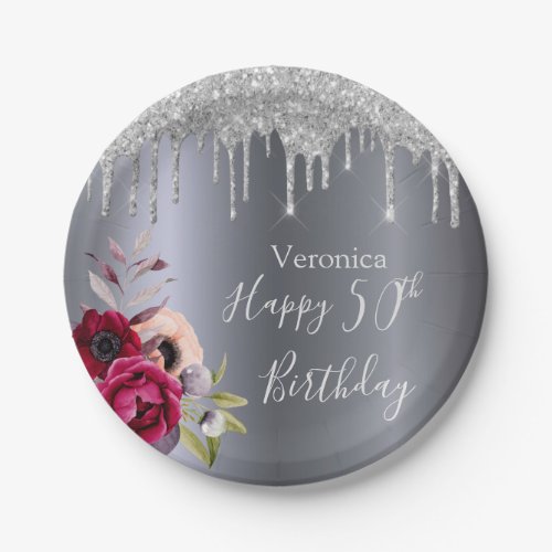 Birthday silver glitter drip floral burgundy name paper plates