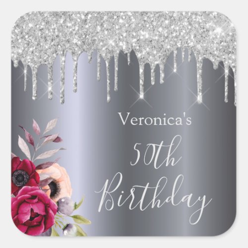 Birthday silver glitter drip floral burgundy name square sticker