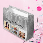 Birthday silver glitter drips custom photo large gift bag<br><div class="desc">For a girly and glamorous 21st (or any age) birthday.  A faux silver metallic looking background with faux glitter drips,  paint dripping look. Personalize and add 3 photos and age 21. Black text.</div>