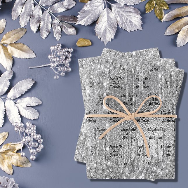 Birthday silver glitter drips metallic monogram wrapping paper sheets (Creator Uploaded)