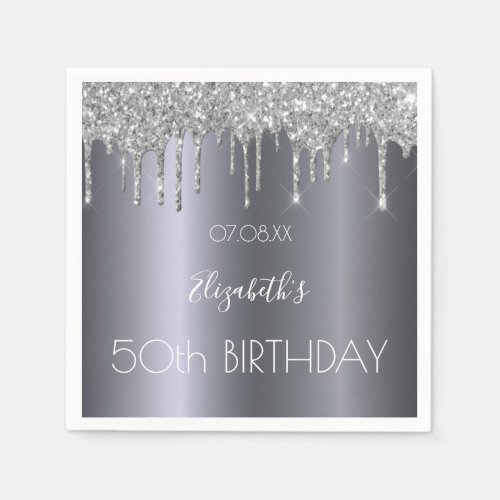 Birthday silver glitter drips modern elegant napkins