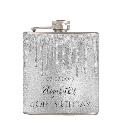 Birthday silver glitter drips name flask