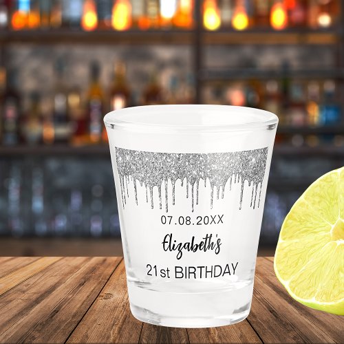 Birthday silver glitter drips name  shot glass