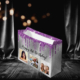 Birthday silver glitter drips purple custom photo large gift bag
