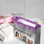 Birthday silver glitter drips purple custom photo large gift bag<br><div class="desc">For a girly and glamorous 21st (or any age) birthday.  A faux silver metallic looking background with purple faux glitter drips,  paint dripping look. Personalize and add 3 photos and age 21. Black text.</div>