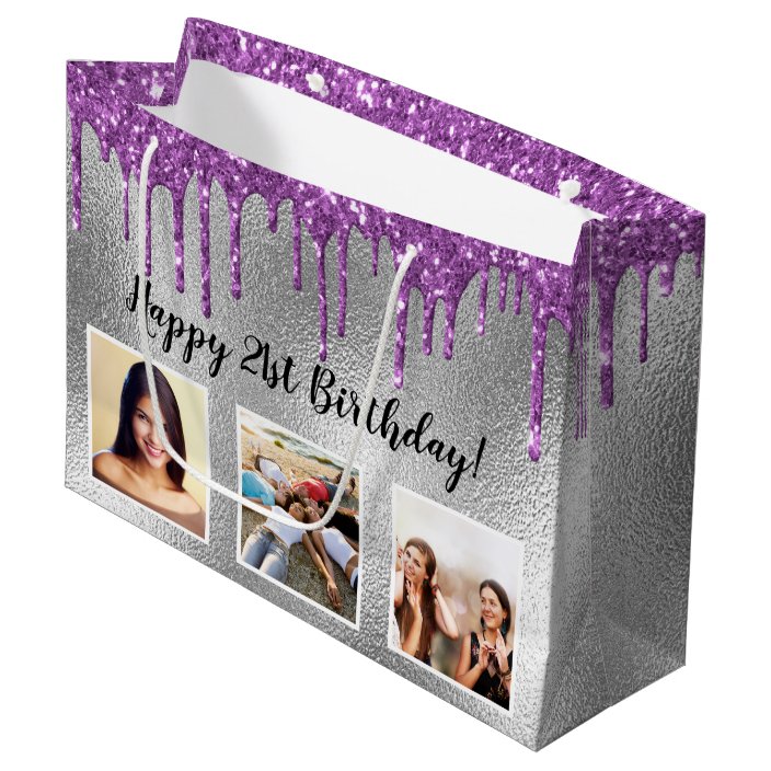 Birthday silver glitter drips purple custom photo large gift bag