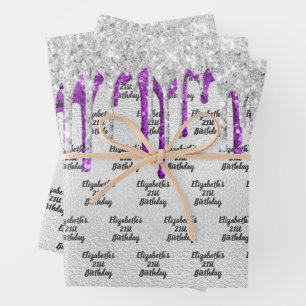 Birthday silver glitter drips purple monogram wrapping paper sheets