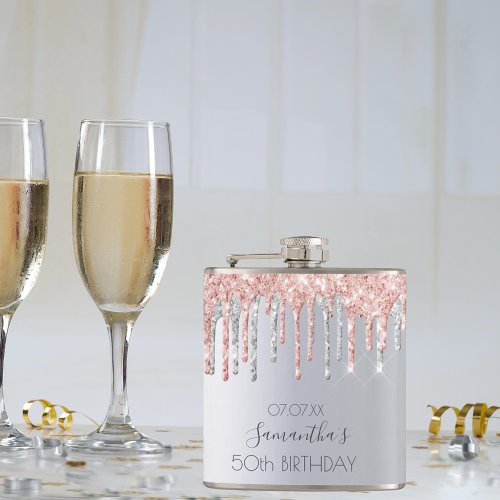 Birthday silver glitter drips rose gold friends flask