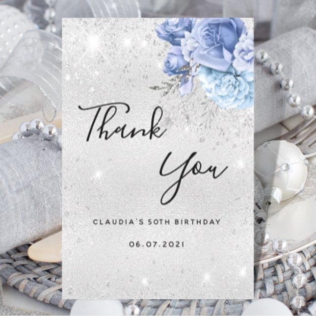 Birthday silver glitter dust blue floral thank you card (Creator Uploaded)