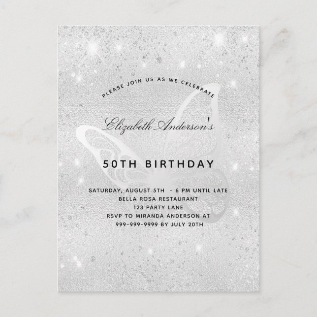 Birthday silver glitter dust butterfly elegant invitation postcard (Front)