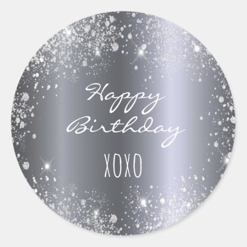 Birthday silver glitter dust hugs kisses classic round sticker